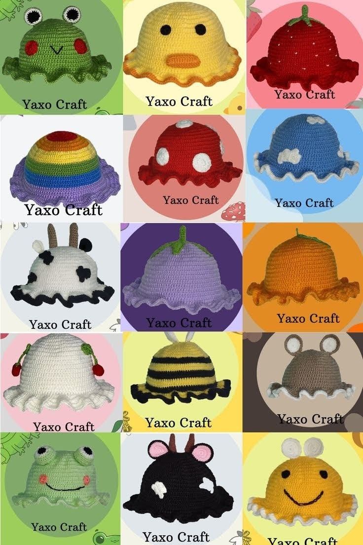 crocheted hats for babies and children with different designs on them, including one in the