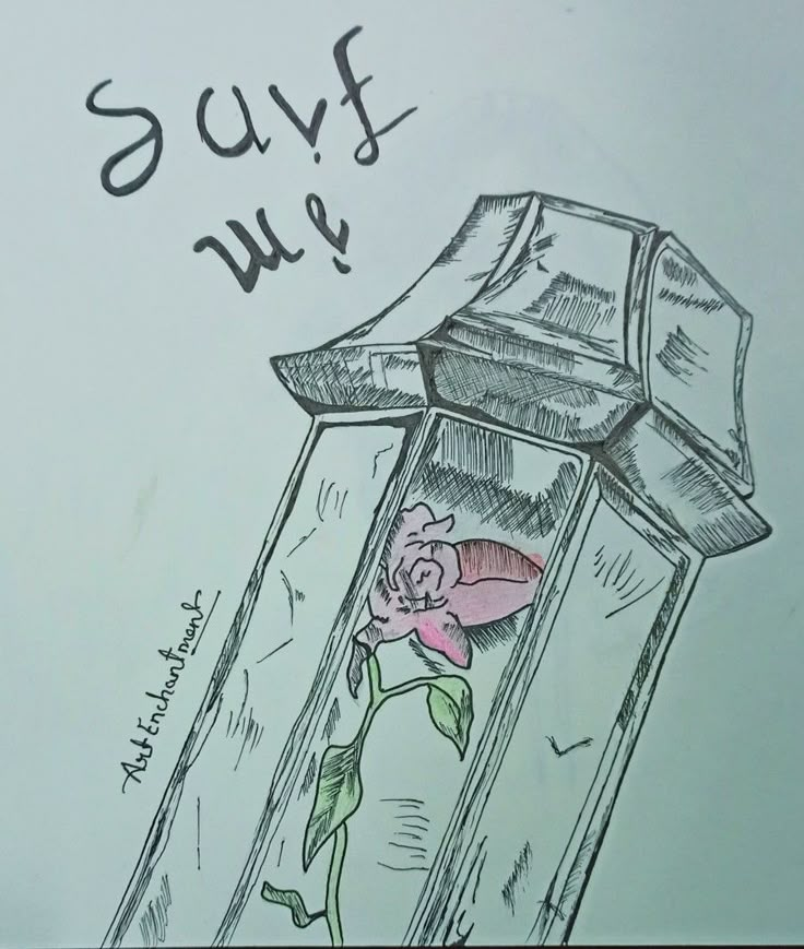 a drawing of a flower in a glass jar with writing on it that says, save us