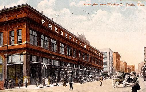 an old postcard shows people walking on the street in front of a red brick building