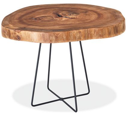 a wooden table with black metal legs