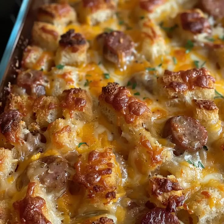 a casserole dish with sausage and cheese