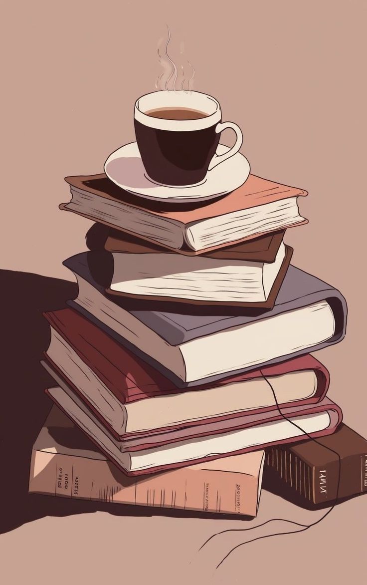 a stack of books with a cup of coffee on top