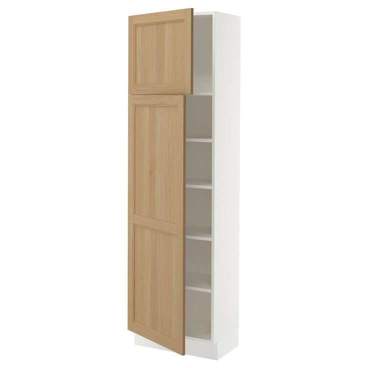 a tall cabinet with two doors and shelves