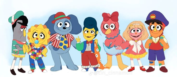 the cartoon characters are posing for a group photo in front of a blue sky and white background