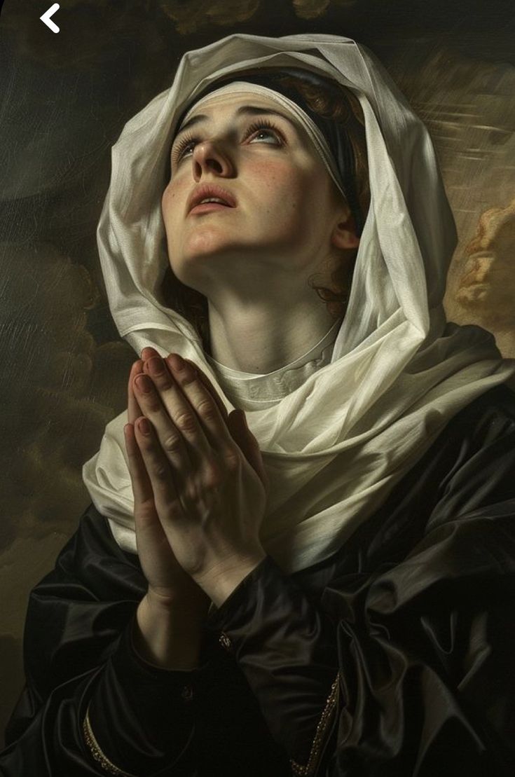 a painting of a woman with her hands folded in prayer, looking up into the sky