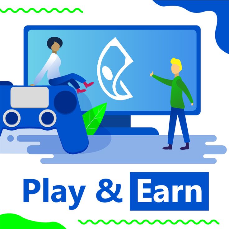 two people standing in front of a computer screen with the words play & earn on it