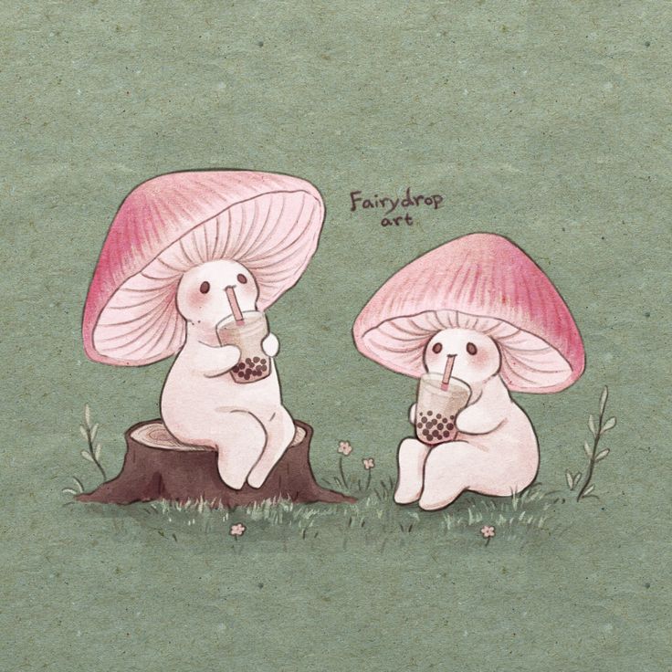 two white rabbits sitting on top of a mushroom covered field next to each other holding cups in their hands