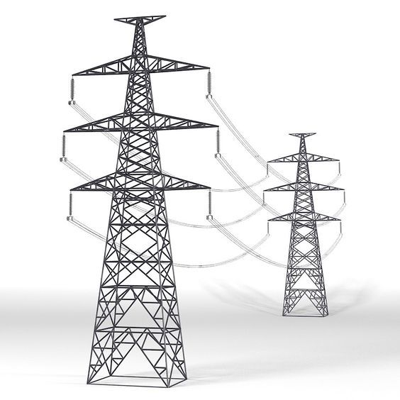 three electric towers are shown against a white background in this 3d rendering image, there is an electrical tower with multiple wires running through it