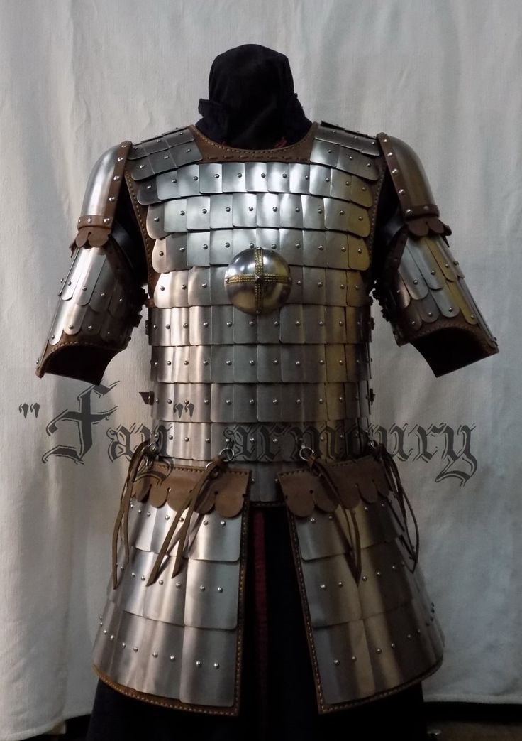 the armor is made up of metal and has many rivets on its chest