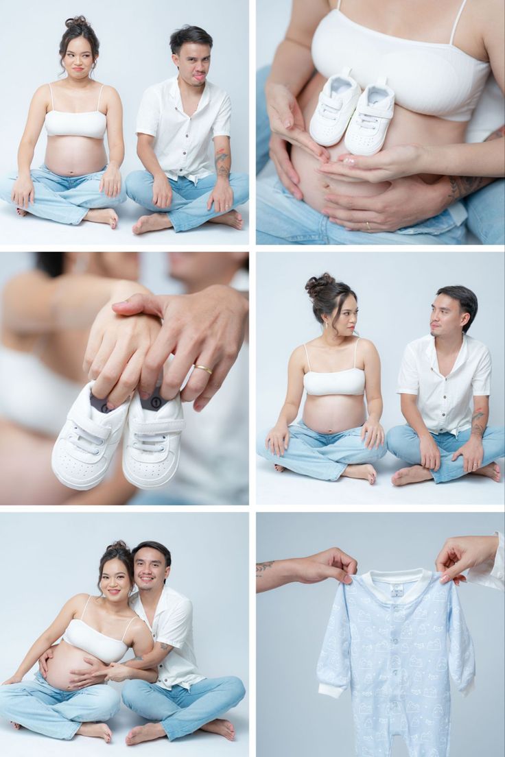 a man and woman sitting next to each other in front of a white wall holding shoes