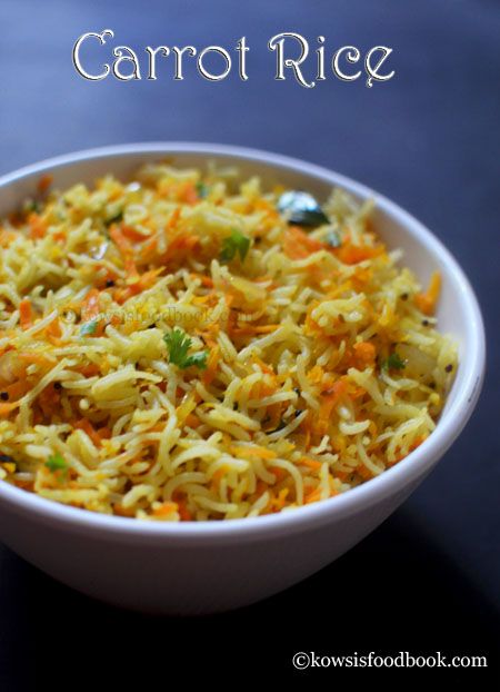 carrot rice in a white bowl with the words carrot rice above it and an image of broccoli sprouts on top