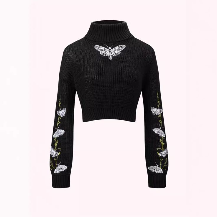 Color: Black, Size: XL Pullover Outfit, Cropped Pullover, Butterfly Embroidery, Casual Sweater, Fabric Collars, Khaki Color, Cropped Style, Casual Sweaters, Clothing Size Chart