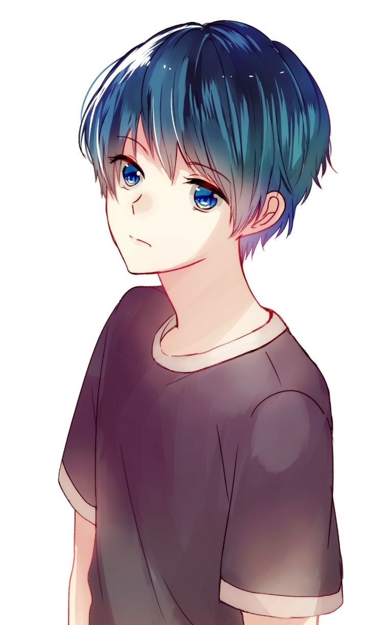 an anime boy with blue hair wearing a black t - shirt and dark pants, looking at the camera