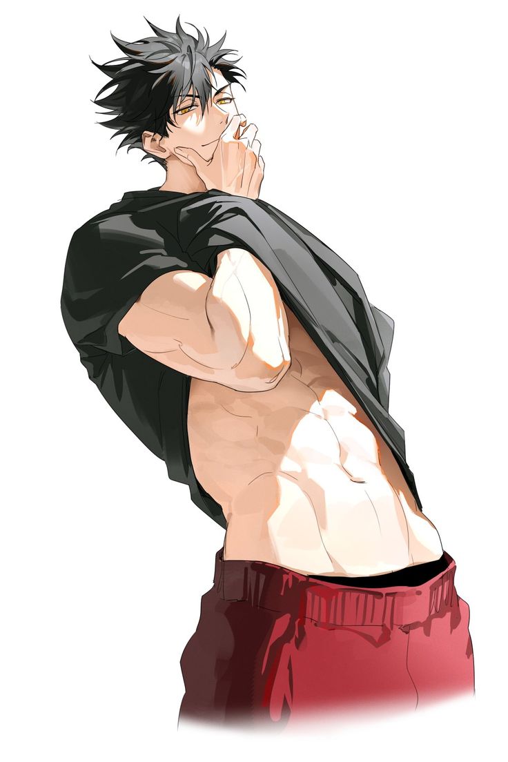 an anime character with black hair and red shorts