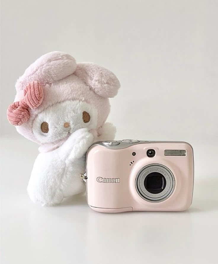 a pink camera next to a white stuffed animal with a pink hat on it's head