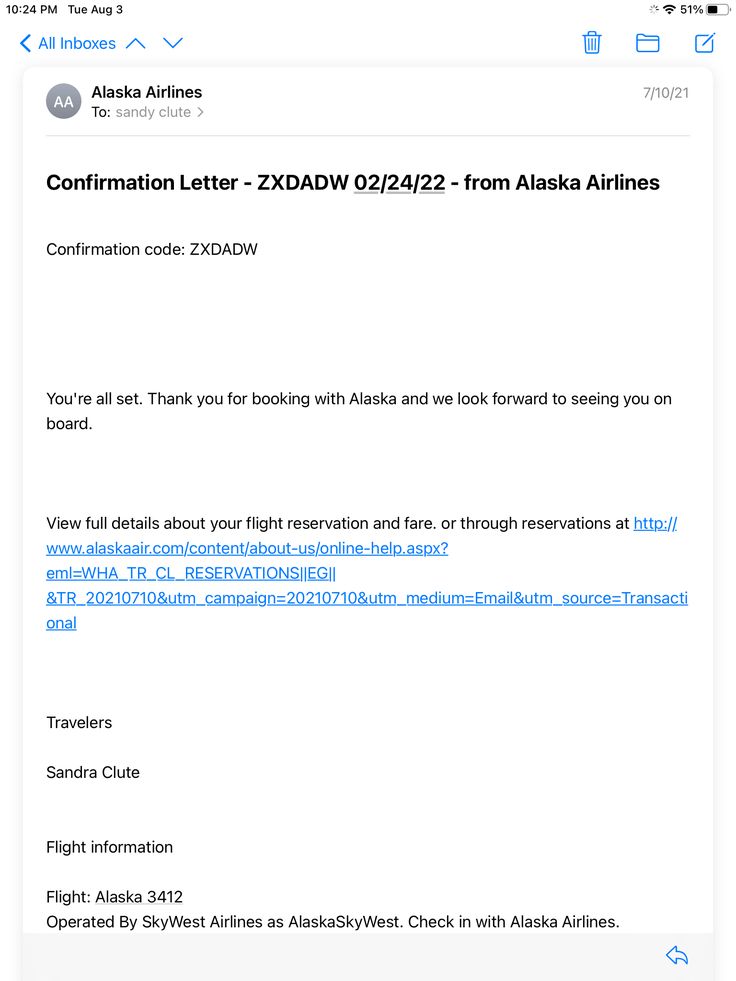 an email from alaska airlines requesting that the airline is in flight