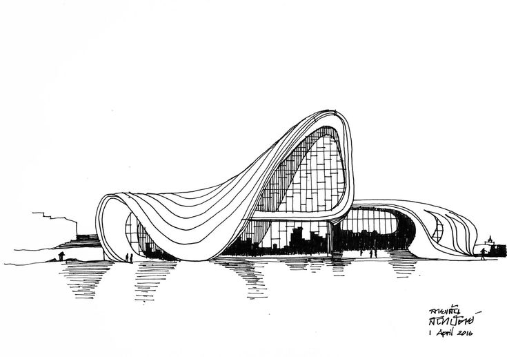 a drawing of a building that looks like it is floating in the water with a long tail