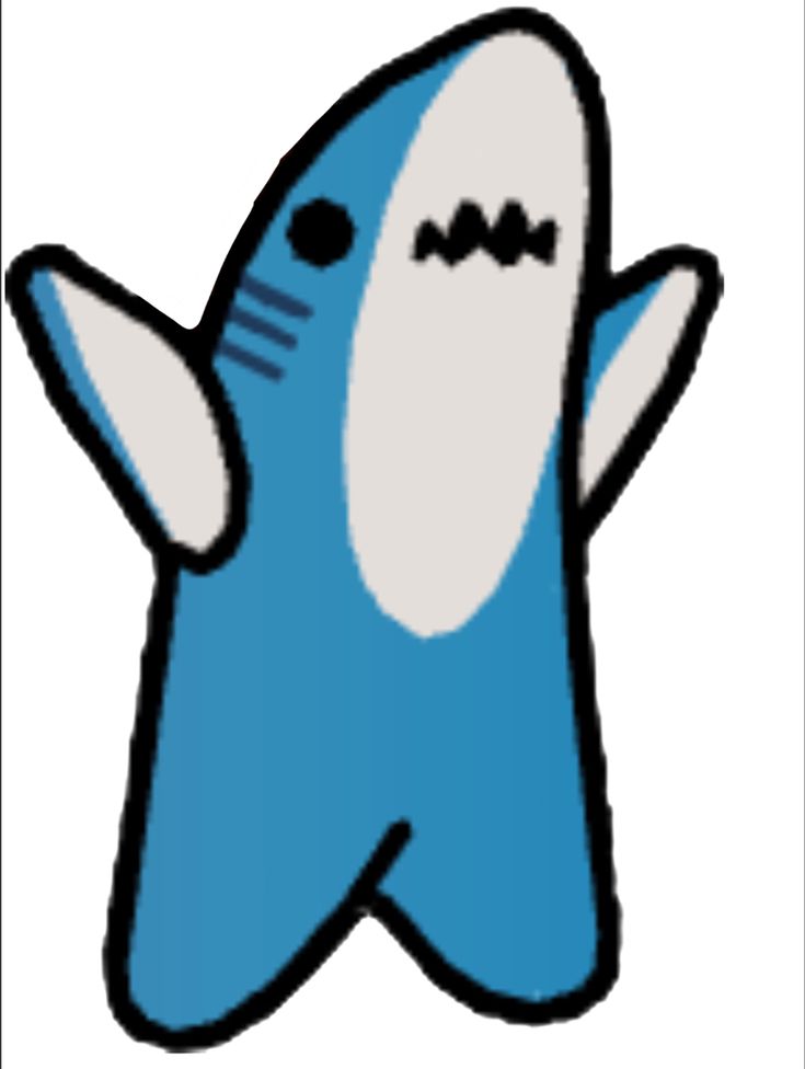 a blue and white cartoon shark with its mouth open