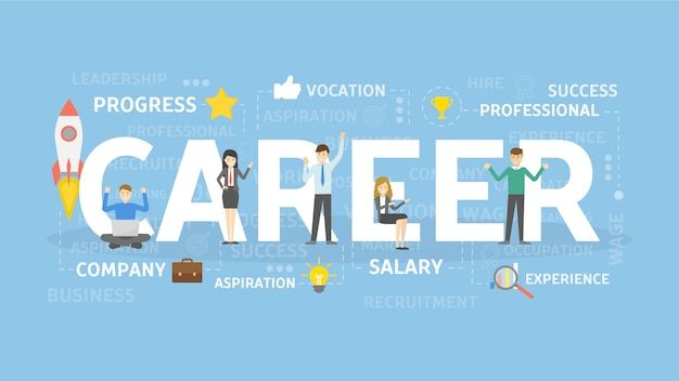 the word career surrounded by people in business suits and other related items on a blue background