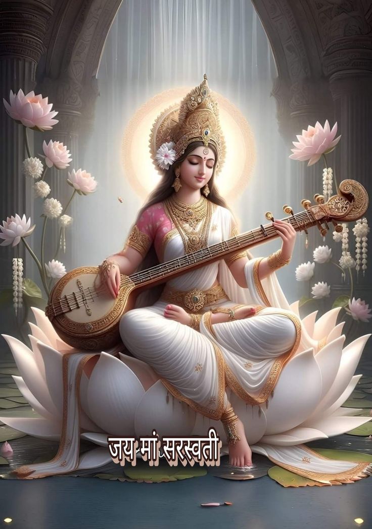 a woman sitting on top of a lotus holding a guitar