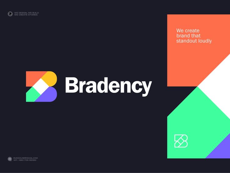 the brand identity for bradency is displayed on a black background with an orange and green geometric design