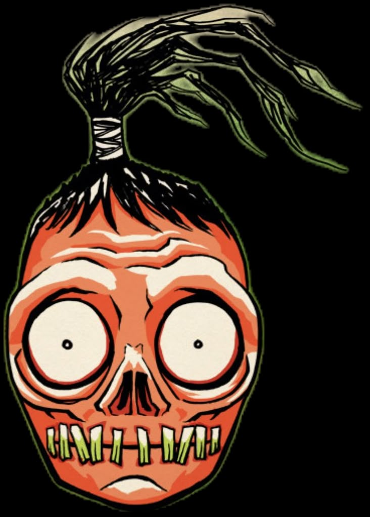 an orange onion with eyes and hair on it's head is shown in the shape of a skull