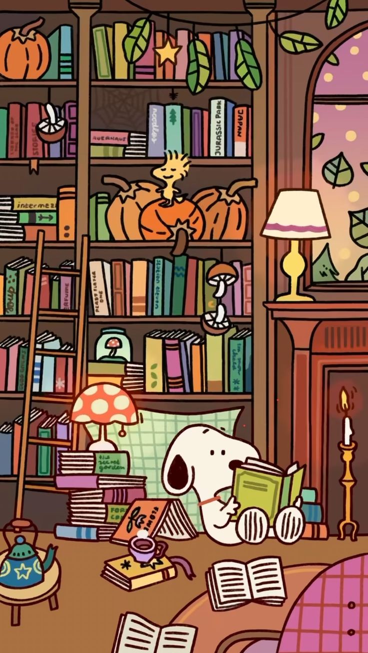 a cartoon dog reading a book in front of a fireplace with pumpkins and bookshelves