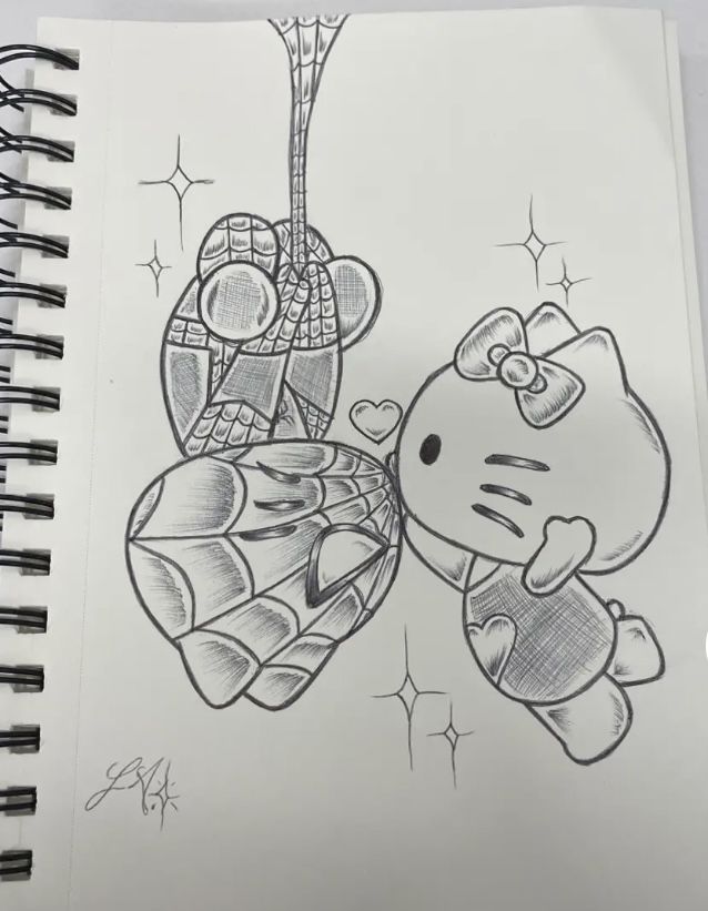 a drawing of a hello kitty hanging from a heart shaped balloon with a bow on it