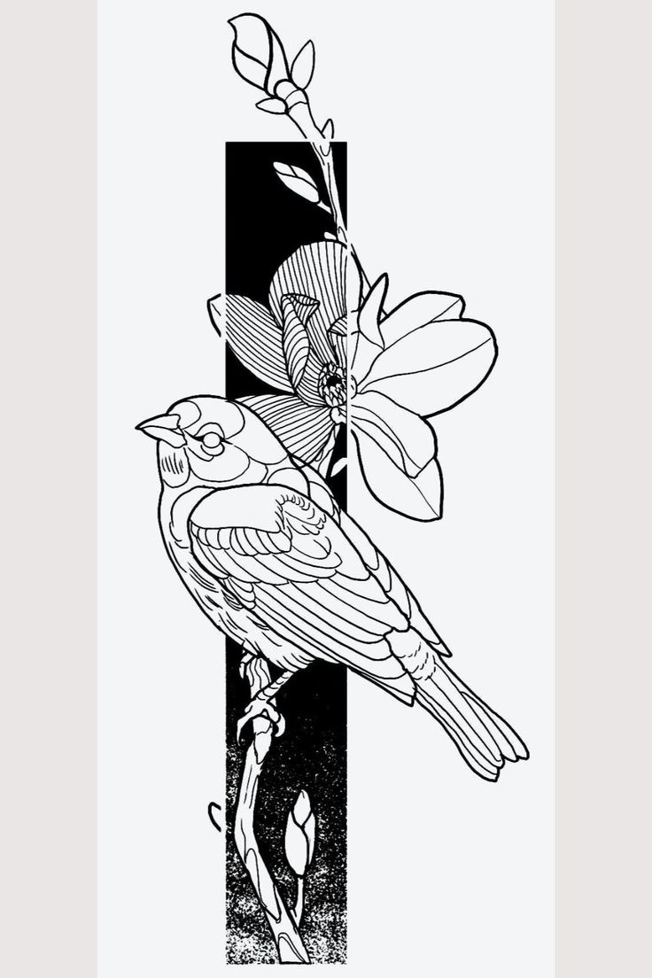 a black and white drawing of a bird sitting on top of a branch with flowers