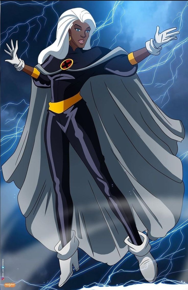 an animated image of a woman dressed in black and white with lightning behind her,