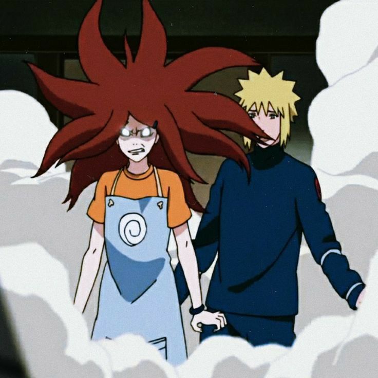 two anime characters are walking through the clouds with their hair blowing in the wind and looking at each other