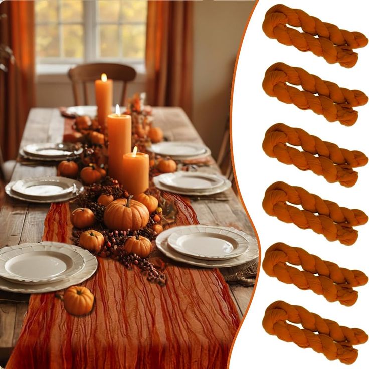 an image of a table setting with pumpkins on it and candles in the middle