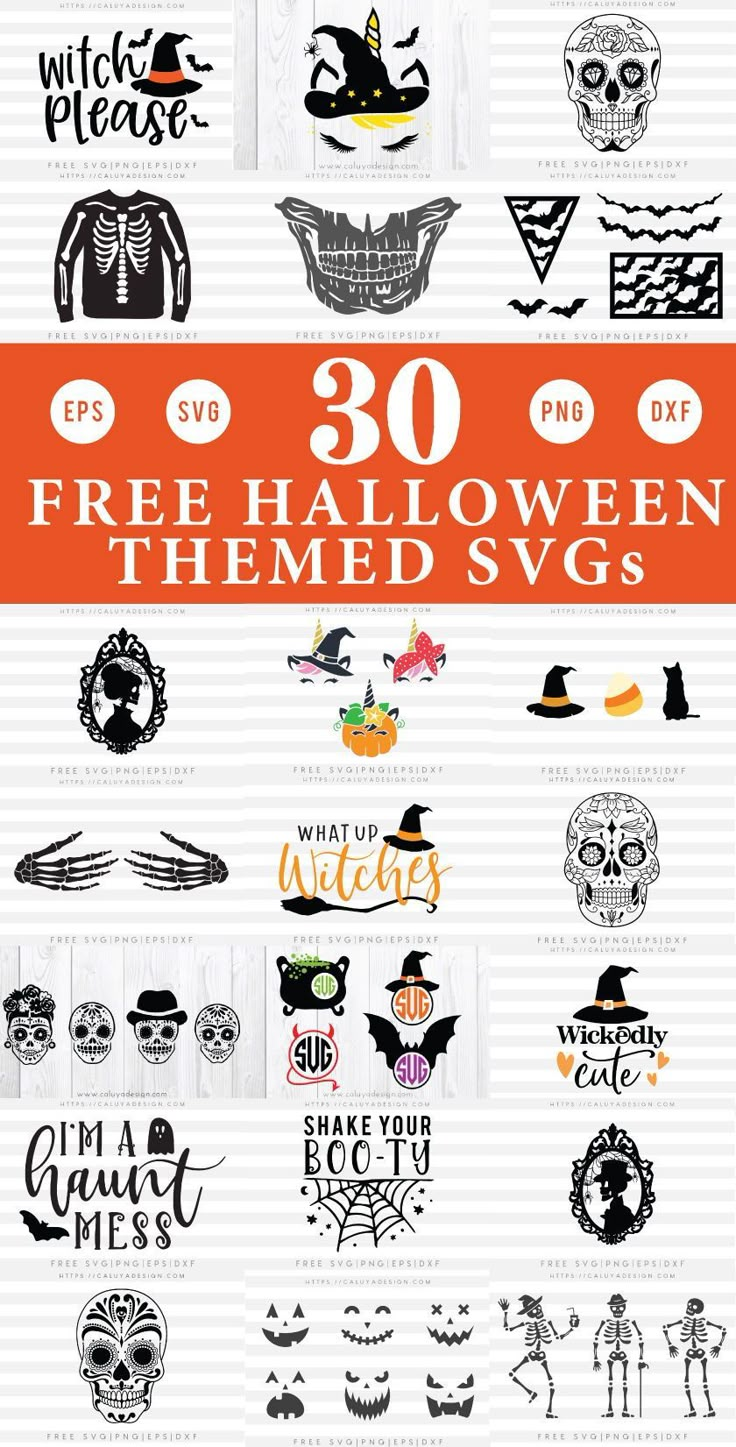 30 free halloween themed svg files for silhouettes and cut outs, including pumpkins