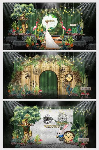 the stage set for an animated show is shown in three different stages, with green curtains and