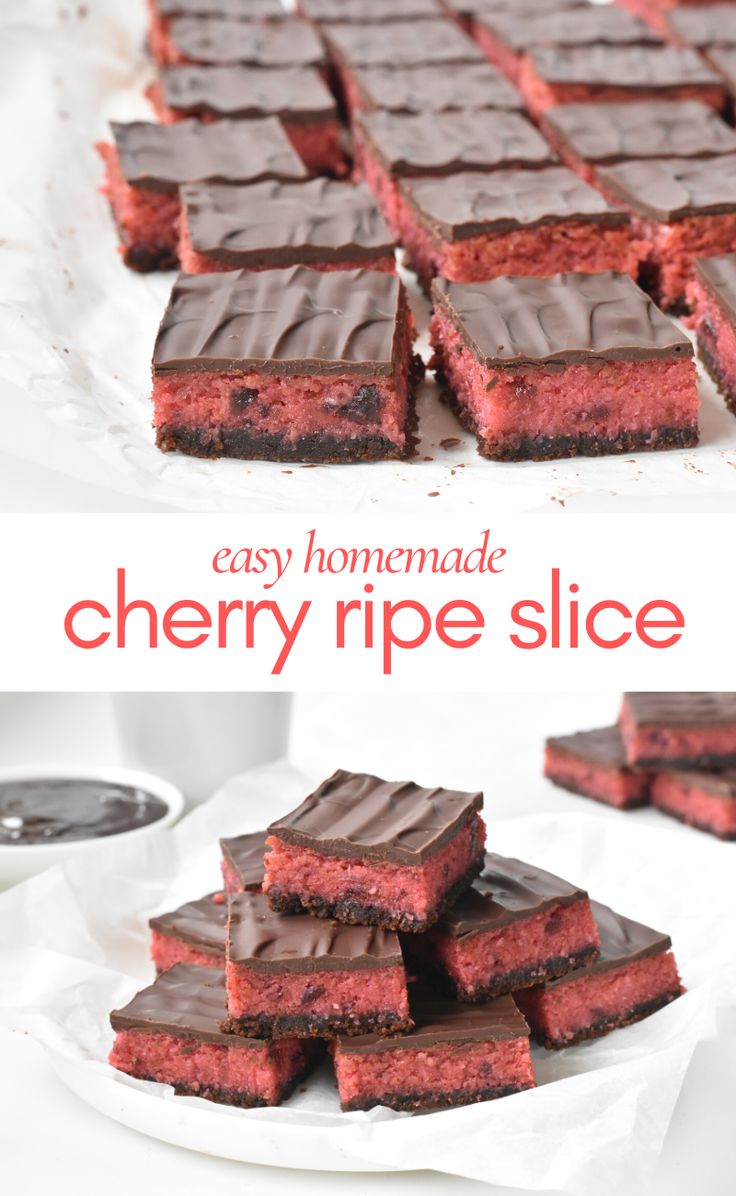 easy homemade cherry ripe slice recipe on a white plate with text overlay that reads easy homemade cherry ripe slice