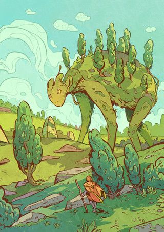 an image of a cartoon scene with trees and people in the background, including a giant creature