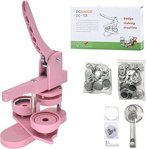 a pink sewing machine and accessories for making buttons