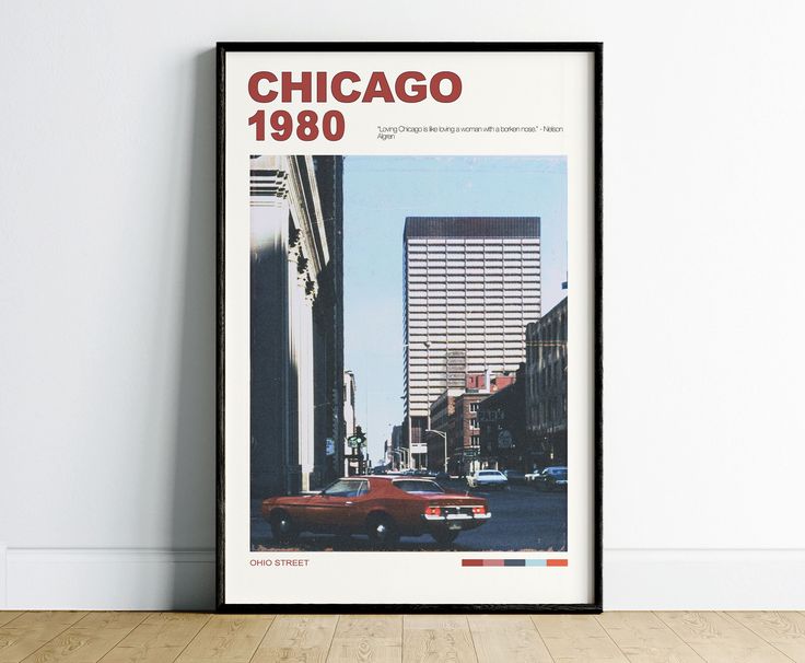 an old car is parked on the street in chicago, illinois framed in black and white