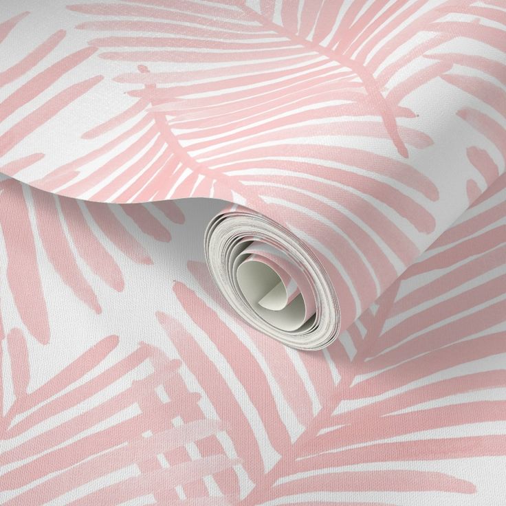 a pink and white tropical print wallpaper with palm leaves on the back droplet