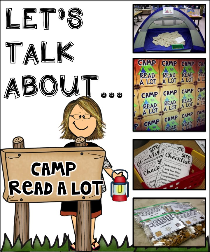 a poster that says let's talk about camp read a lot with pictures of camping related items