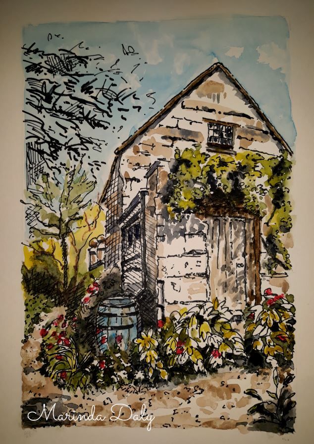 a drawing of a house with trees and flowers