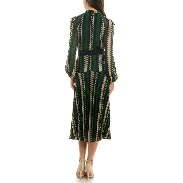 Long sleeved, lined midi dress with retro marble print, black snap button belt and accordion skirt. Style: 96748MGB Accordion Skirt, Abstract Print Dress, High Low Maxi Dress, Jumpsuit Party, Skirt Style, Retro Print, Marble Print, Knit Sweater Dress, Retro Prints