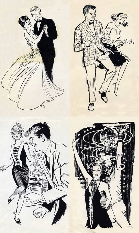 four black and white drawings of people dancing