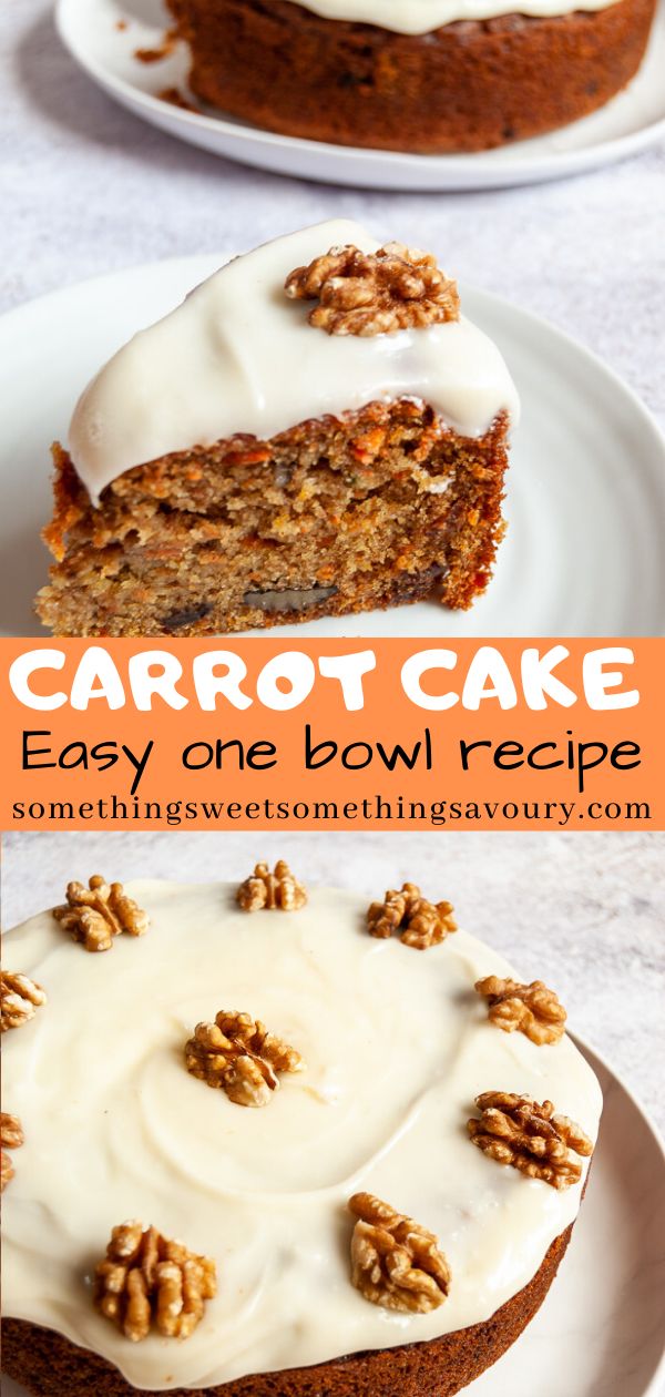 carrot cake with cream cheese frosting and walnuts on top, served on a white plate