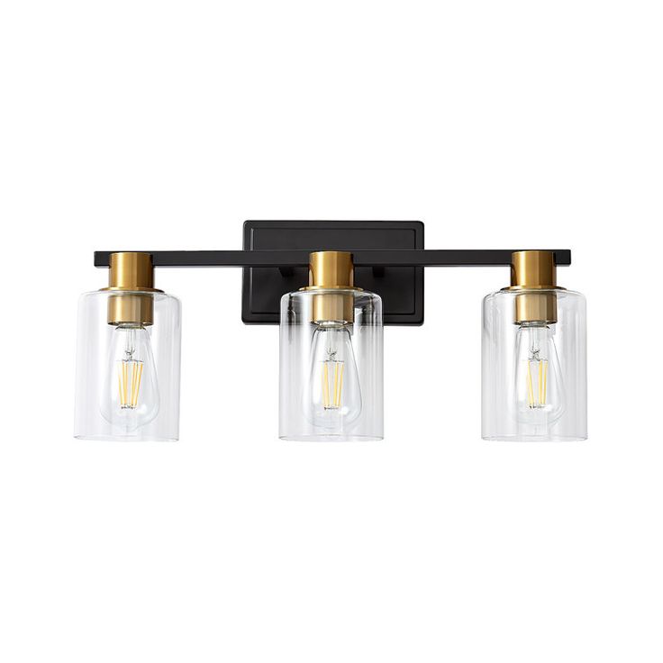 three light bathroom fixture with clear glass shades and gold accents on the bottom, black finish