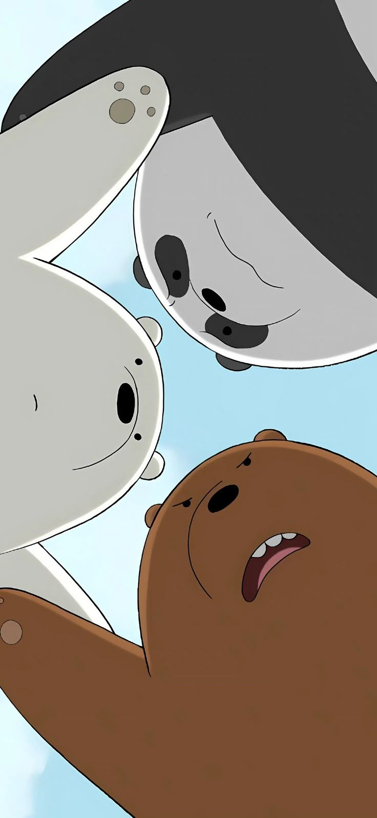 two bears are playing with each other in front of the sky and one bear has its mouth open