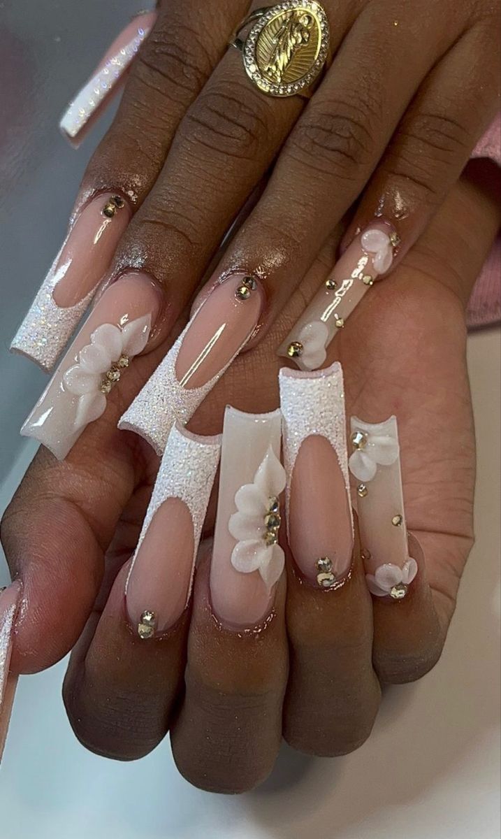 White Long Wedding Nails, White And Silver Wedding Nails For Bride, Bride Nails Black Women, White Nails Extra, White Sugar Nails, Matric Dance Nails, Sugared Nails, 17 Birthday Nails, Gold And White Acrylic Nails