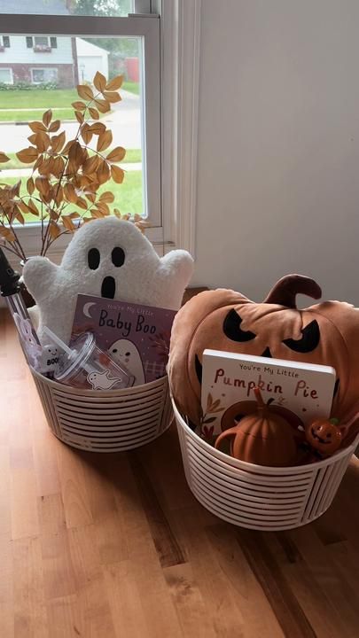 two baskets filled with books and stuffed animals