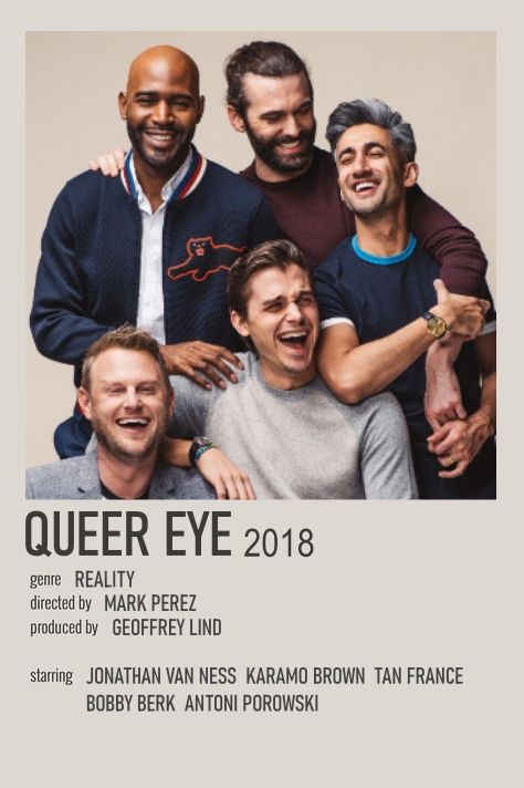 a group of men standing next to each other in front of a white poster with the words queen eye on it