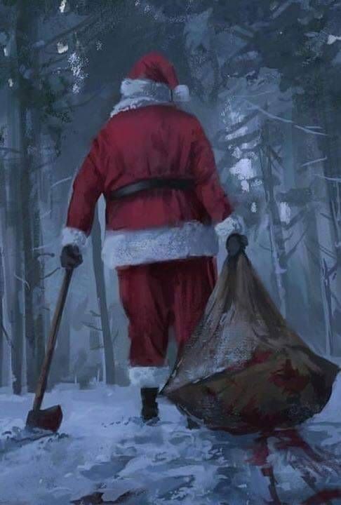 a man dressed as santa claus is walking through the woods with a sack and shovel